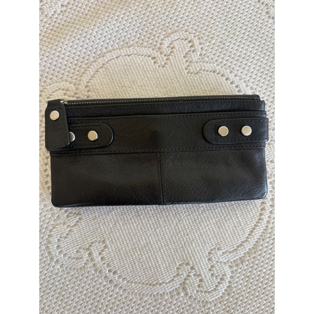 Fossil Black Leather Bifold Wallet Studded Zip Coin Pocket ID Window Minimalists